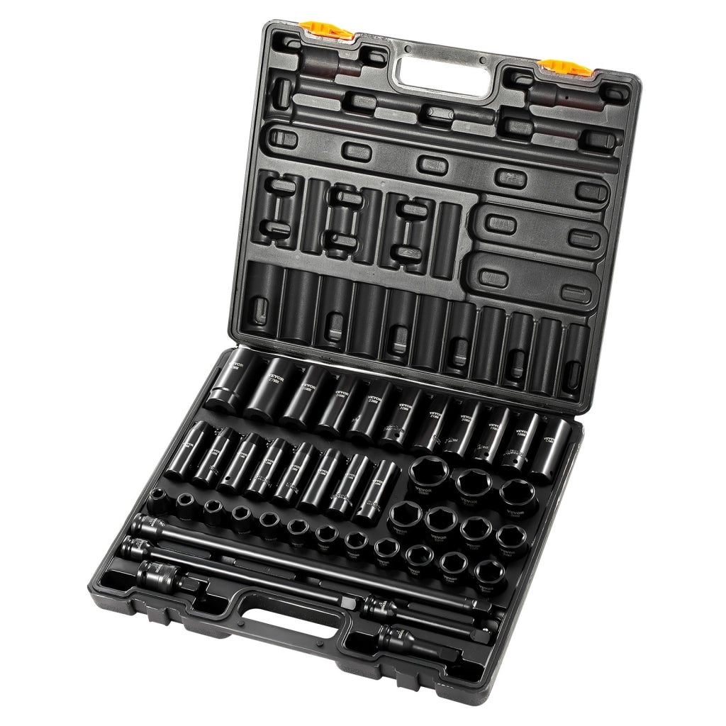 Set Bussole a Percussione 1/2 Pollici 43 Pezzi in Acciaio CR-V, Bussole a 6 Punti 9-30 mm Standard e Profonde con Prolunghe per Officina e Fai da Te