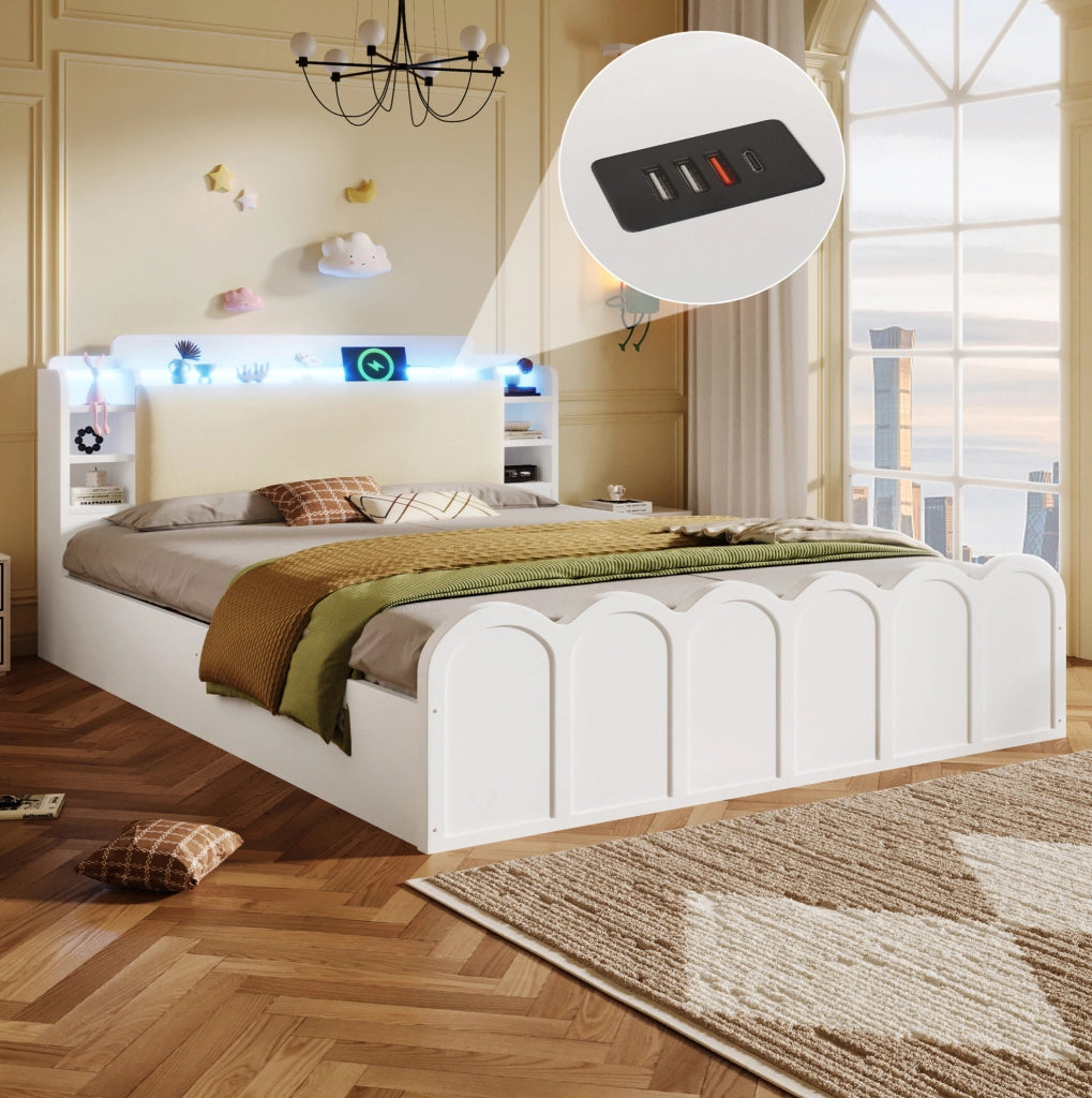 Letto contenitore 140x200 cm bianco con LED, USB e USB-C