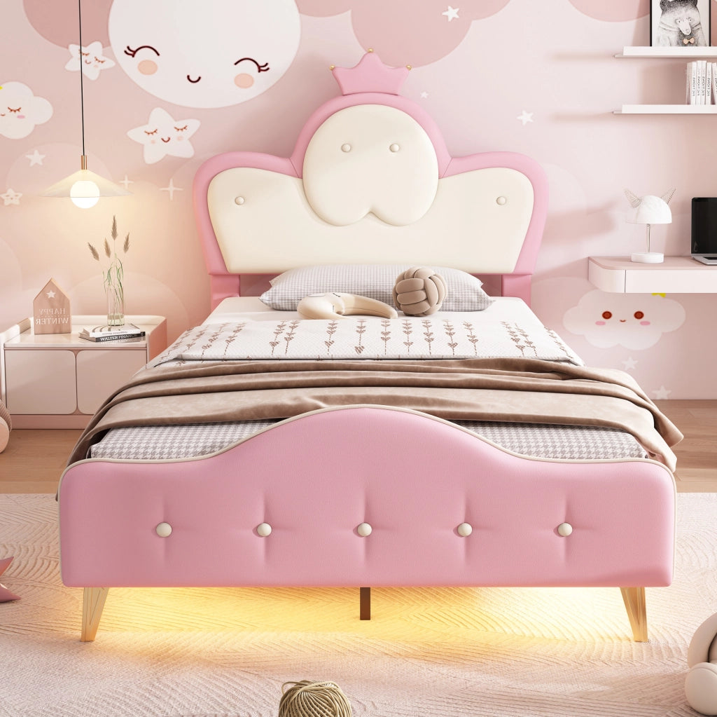 Letto singolo imbottito con LED e testiera a corona 90x200 cm