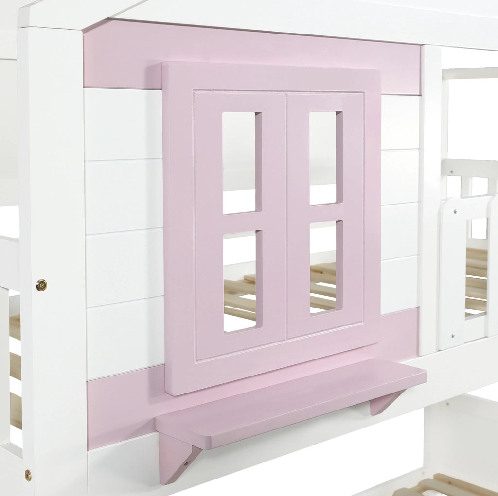 Letto a castello per bambini con letto estraibile e scala contenitore; 90x200 cm; bianco e rosa