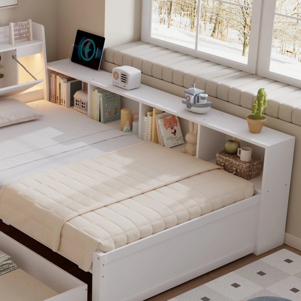 Letto Singolo con Testiera, Cassetti, Comodini e LED ¨C MINIMAL ¨C Bianco, Pino/MDF, 90x200