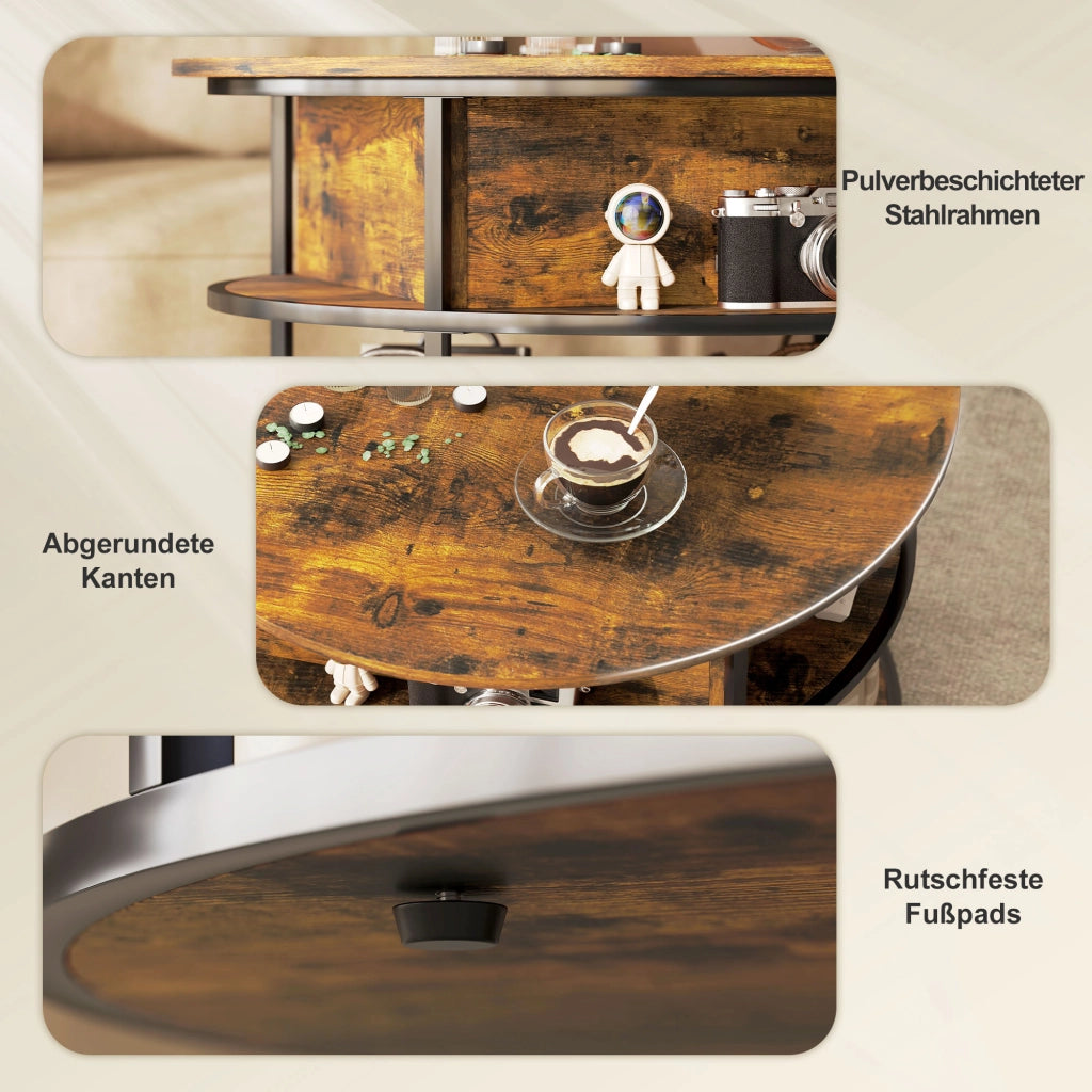Tavolino da Salotto Rotondo con Piano Sollevabile Vano Contenitore e Ripiani Struttura in Acciaio Marrone Salvaspazio Moderno per Soggiorno