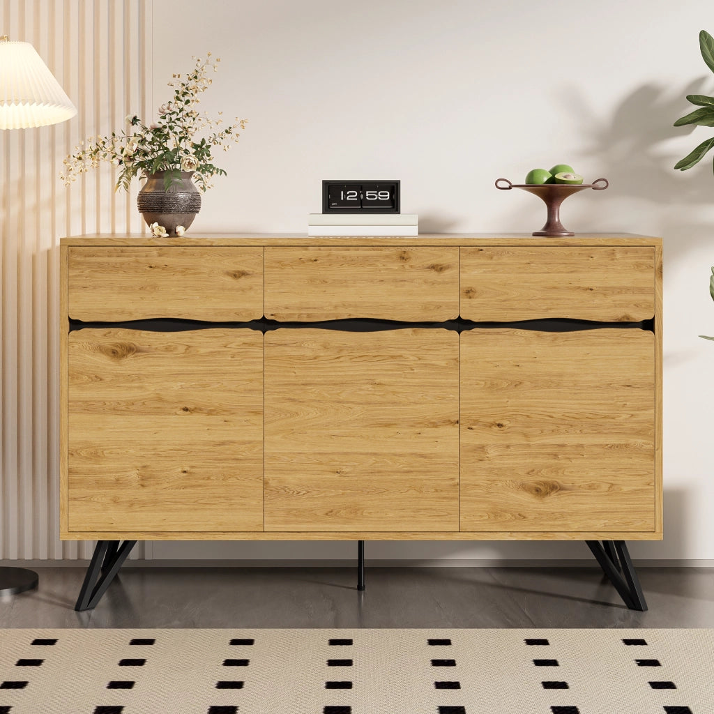 Credenza a 3 ante effetto legno con gambe in metallo nere per soggiorno e sala da pranzo 140 × 40 × 75.5 cm