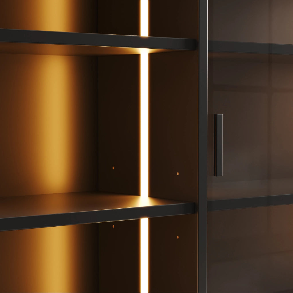 Vetrina 120 x 28,5 x 180 cm con ante scorrevoli in vetro temperato grigio, LED integrato, 3 cassetti e ripiano ribaltabile