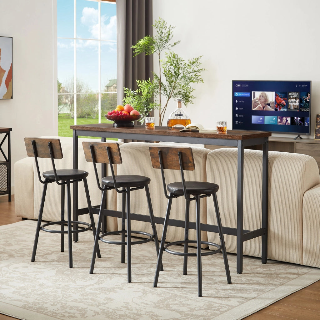 Set tavolo bar 160 cm con 3 sgabelli, marrone rustico e nero