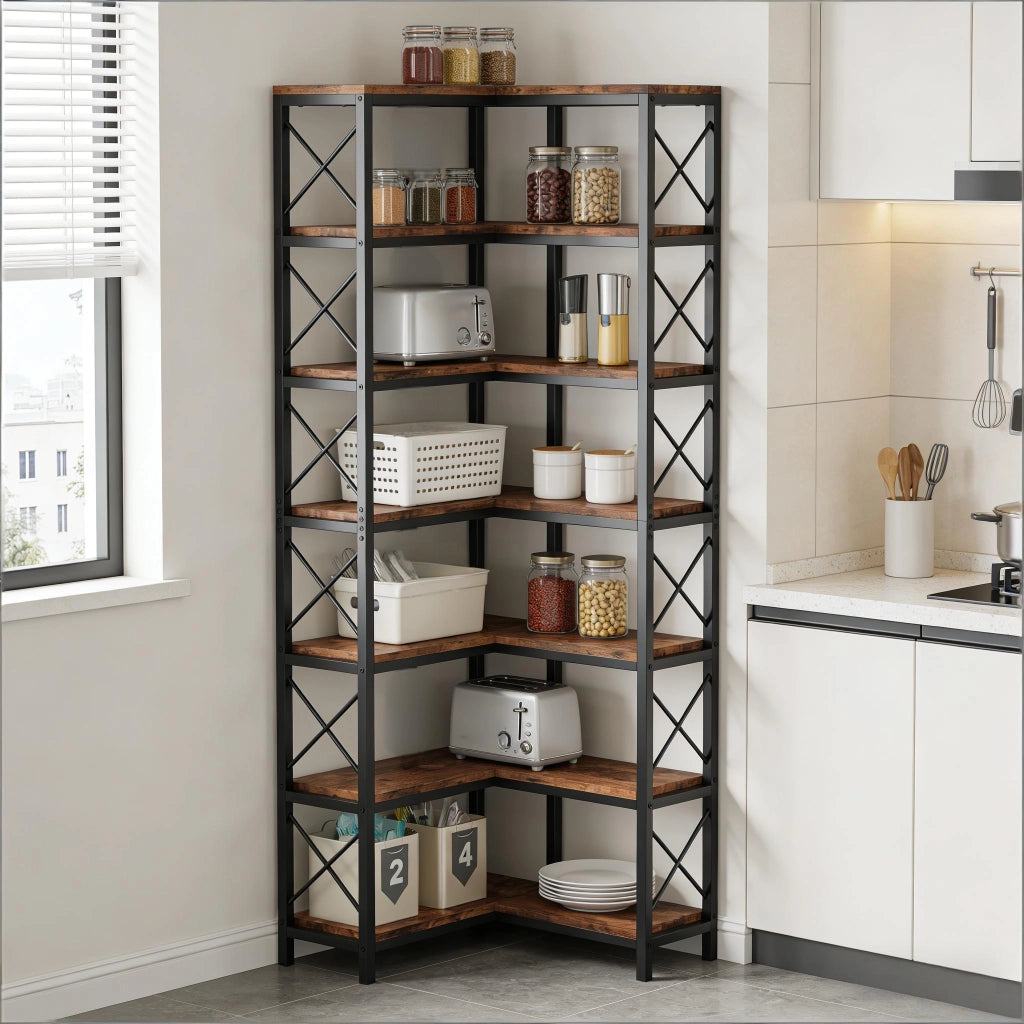 LIBRERIA Angolare 117x29x30 cm Metallo e Legno Nero e Marrone Rustico