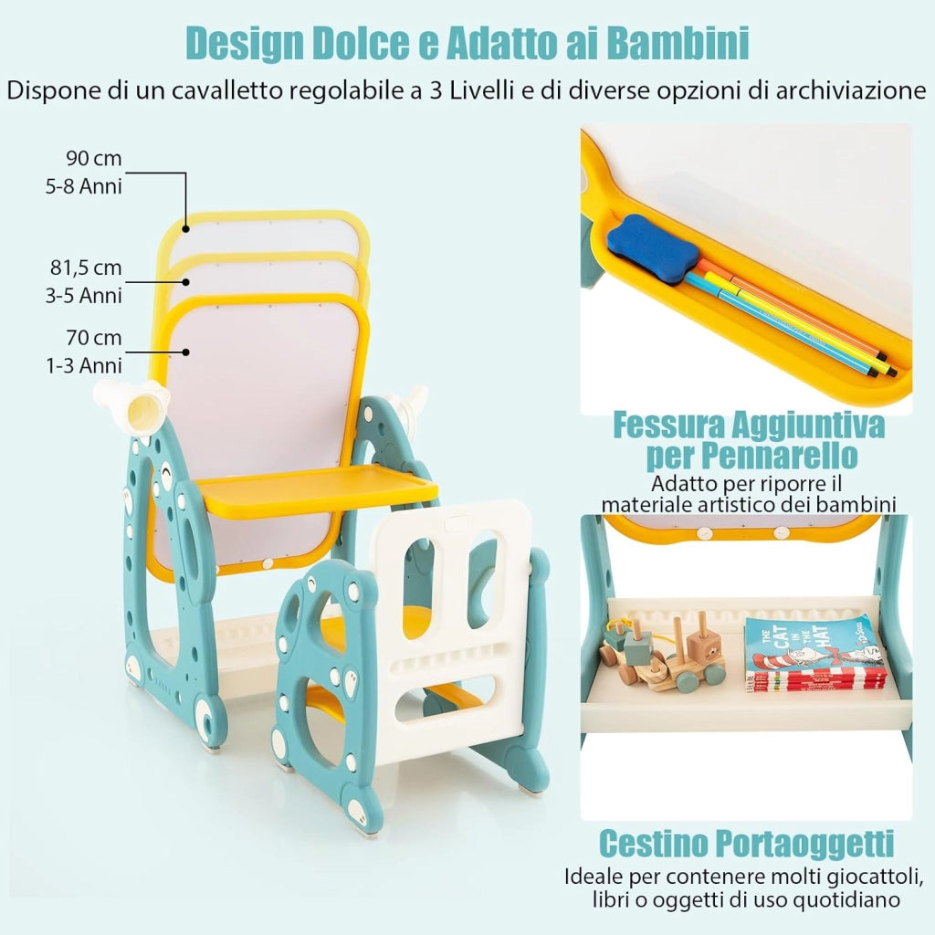 Tavolo da Disegno per Bambini con Sedia, Cavalletto Artistico con Lavagna Regolabile a 3 Livelli, Telescopio e Gioco dell'Anello, Cestino Portaoggetti 8 Pennarelli 3 Anelli 2 Magneti e Gomma