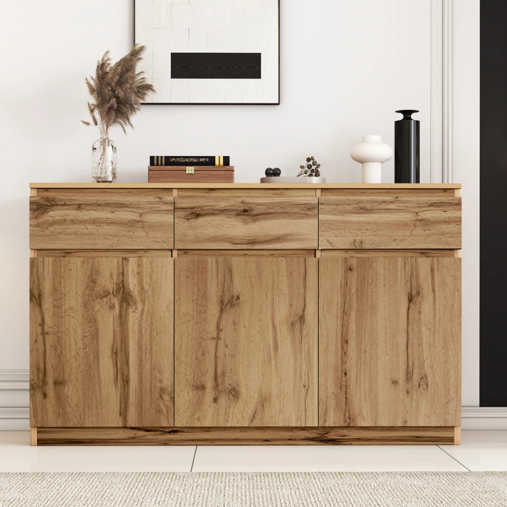 Mobile contenitore multifunzionale in truciolato effetto legno naturale, 3 ante e 3 cassetti, 135x40x81 cm