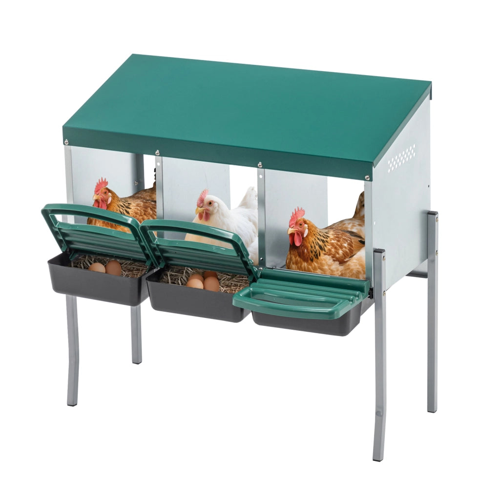 Nido per galline ULEVR a 3 scomparti 80x33x81 cm con raccolta uova, tetto inclinato e gambe, verde