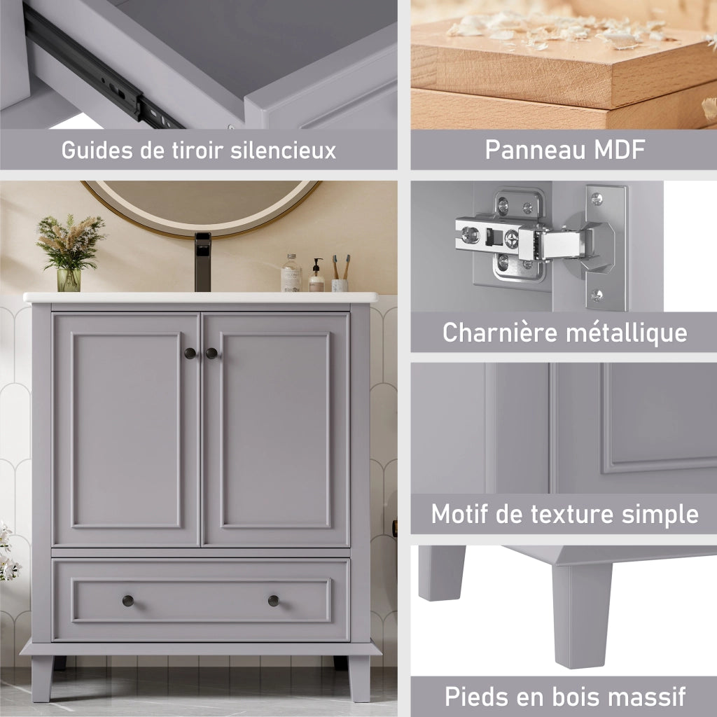 Mobile bagno da terra 76x46x87 cm con lavabo in ceramica integrato, gambe in legno massello, verniciatura completa, resistente a umidità e acqua, grande spazio contenitivo, grigio