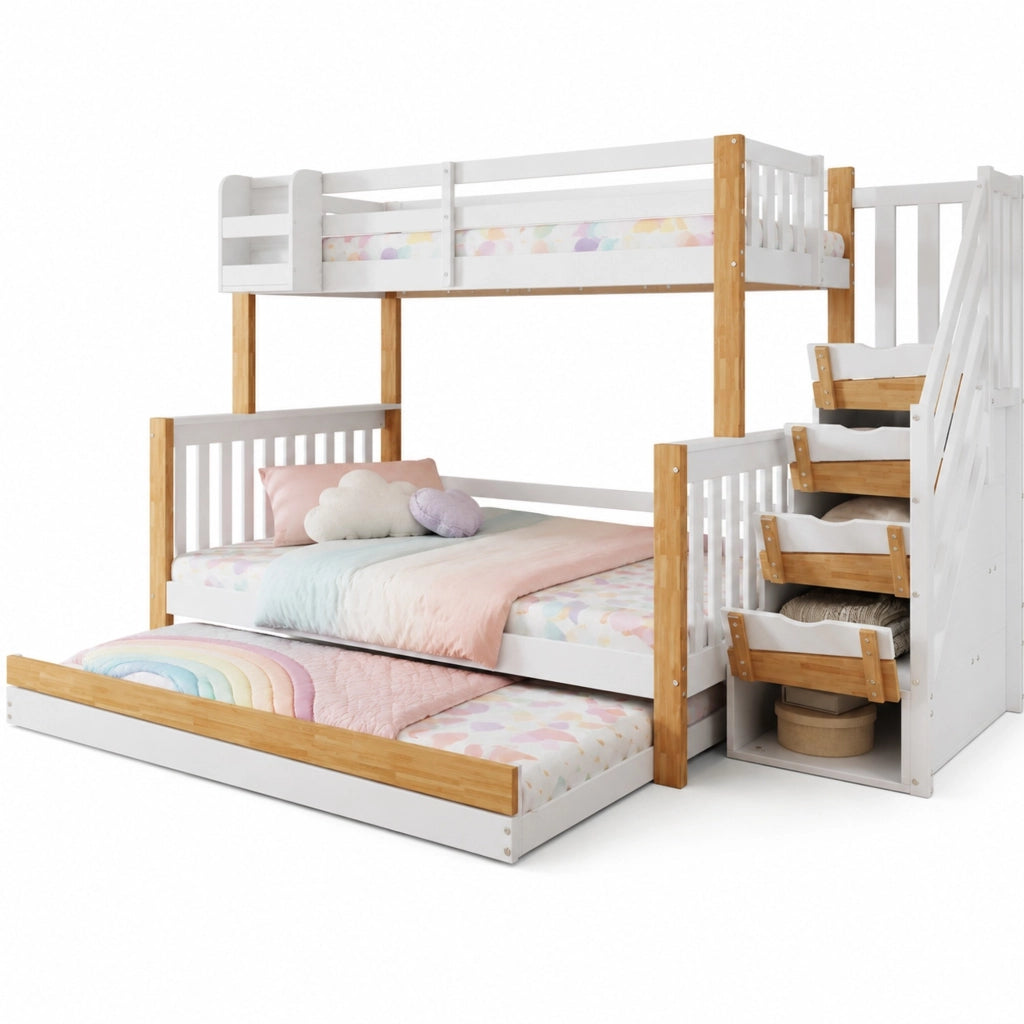 Letto a castello per bambini 120x200 cm con letto estraibile, scala contenitore e ripiani
