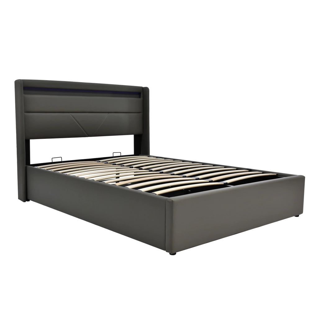 Letto contenitore imbottito grigio 140x200 cm con LED
