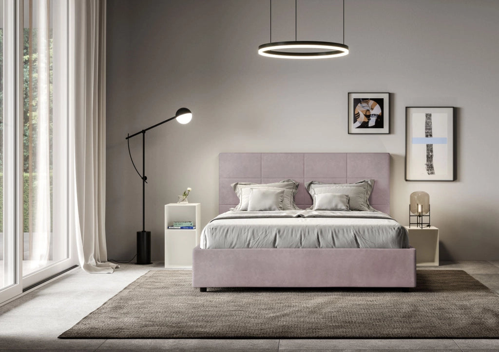 Letto queen size senza rete imbottito 150x190 microfibra grigio Mika