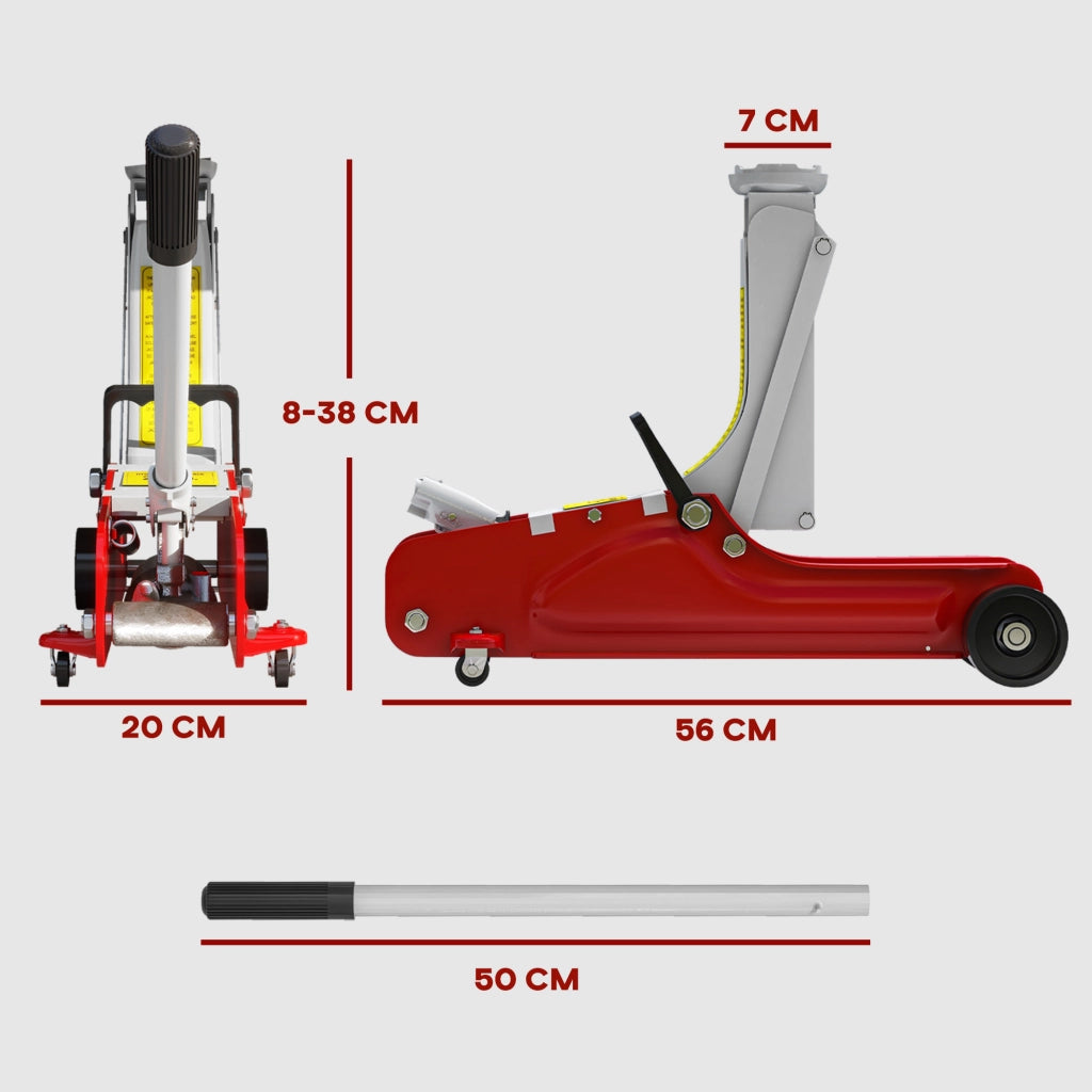 Cric idraulico basso profilo ¨C zephmum ¨C acciaio robusto, 2500 kg, 8-38 cm, rosso