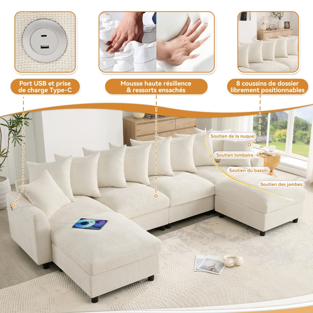 Divano modulare 6 posti a U o L con 2 pouf prese USB e Type-C 8 cuscini regolabili in ciniglia beige