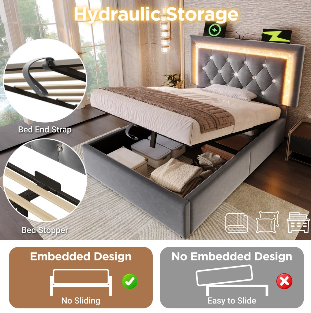 Letto singolo 90x200 cm in velluto grigio con LED, presa USB e Type-C, contenitore e materasso