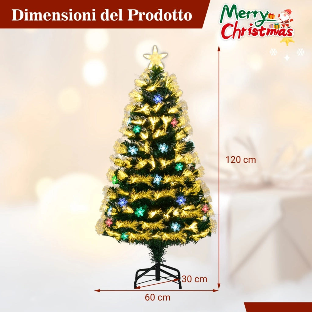 Albero di natale artificiale preilluminato con 8 modalit¨¤ di illuminazione-Albero di natale in fibra ottica con base in metallo pieghevole da 120 cm