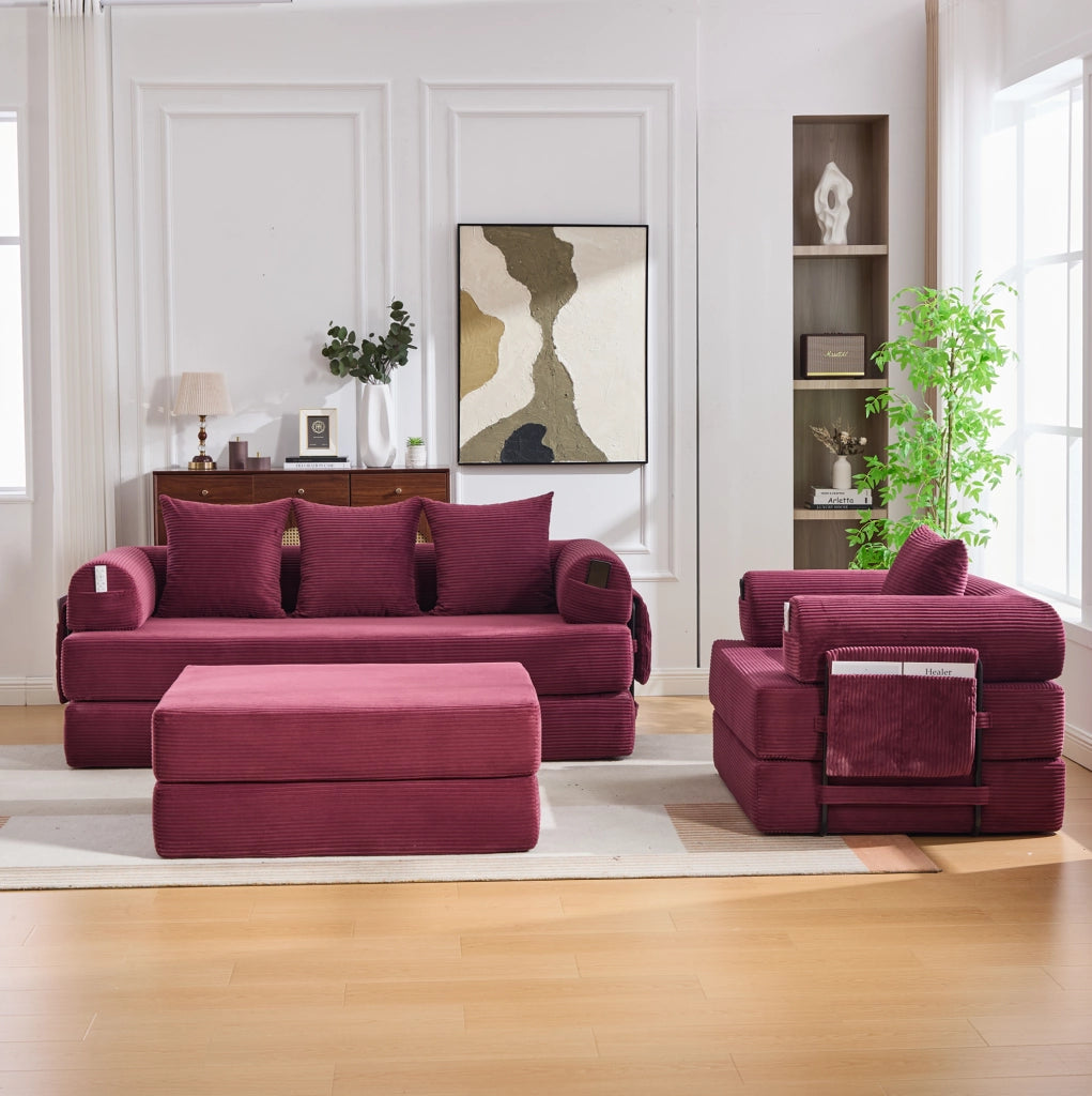Set divano modulare in velluto a coste con pouf; rosso vino