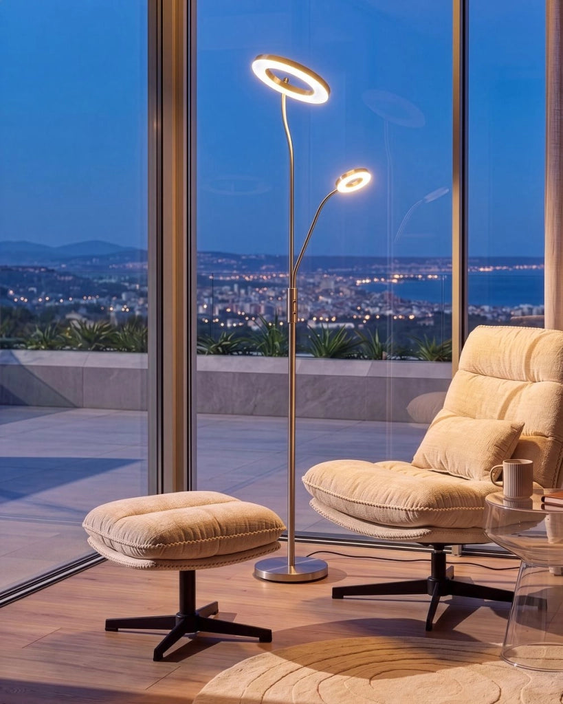 Lampada da terra a LED argento con base in metallo e controllo dimmer stile moderno illuminazione da ufficio