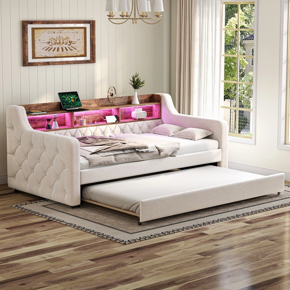 Letto Singolo Contenitore Imbottito in Velluto con LED e USB ¨C MINIMAL ¨C Beige 90x190