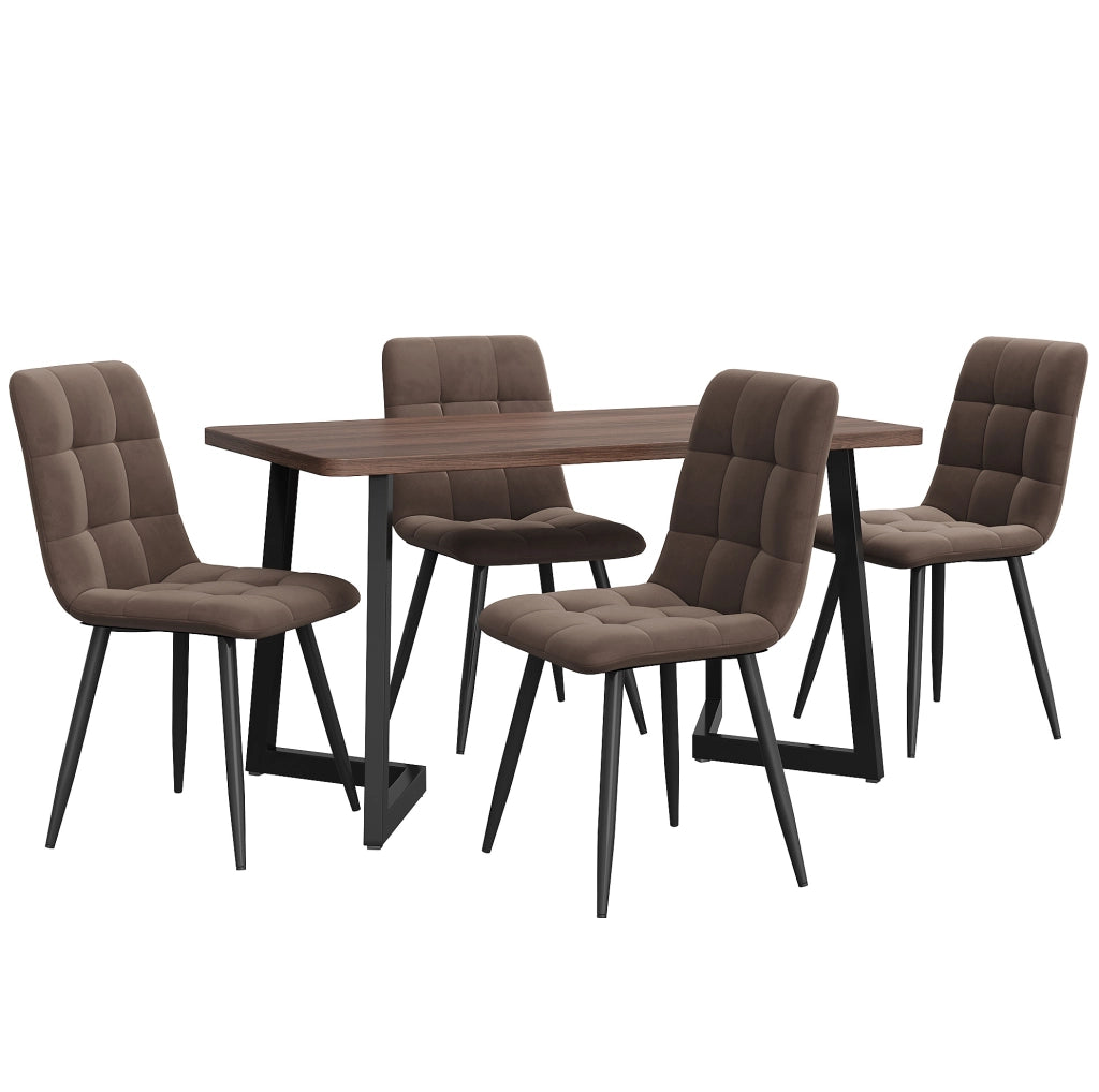 Set pranzo 5 pezzi noce e marrone, tavolo in MDF 117 cm con 4 sedie in velluto