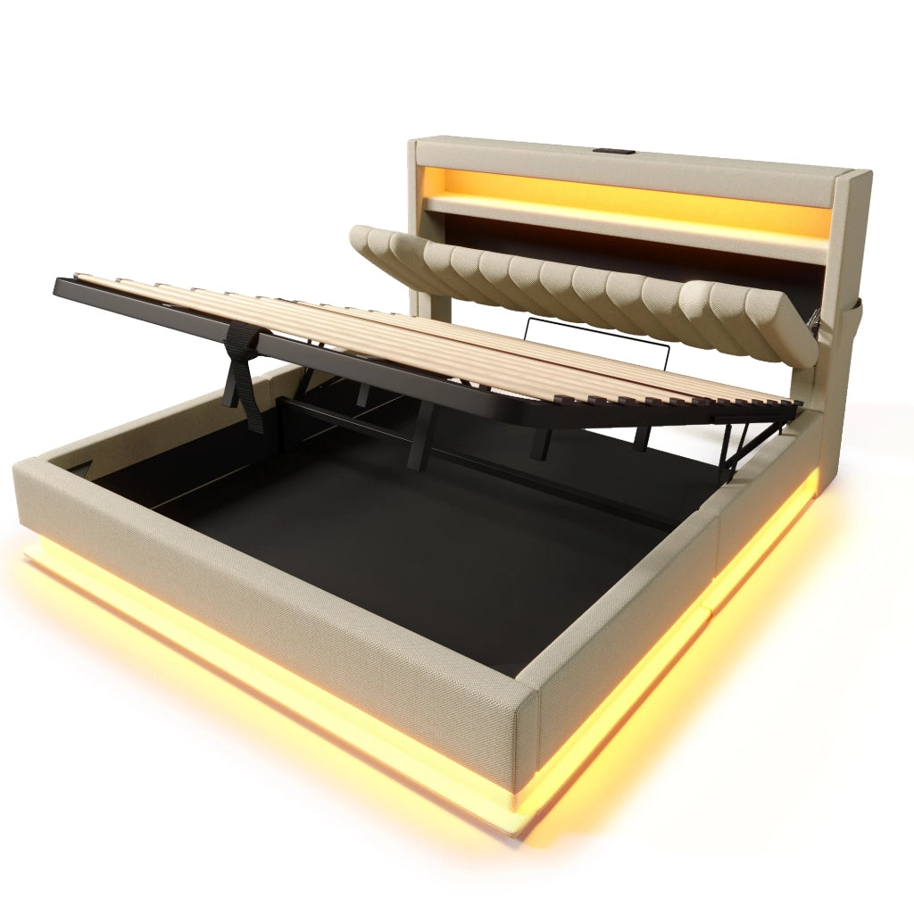 Letto matrimoniale imbottito; 160x200cm; con testiera di riporto; USB C e LED; beige