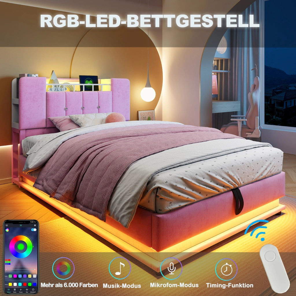 Letto imbottito per bambini 90×200 cm con LED; USB e contenitore idraulico; senza materasso; rosa