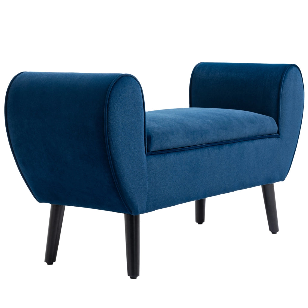 Panca Contenitore Imbottita in Tessuto Vellutato Blu con Braccioli e Gambe in Legno, 118x42x66cm, per Fondo Letto Casa