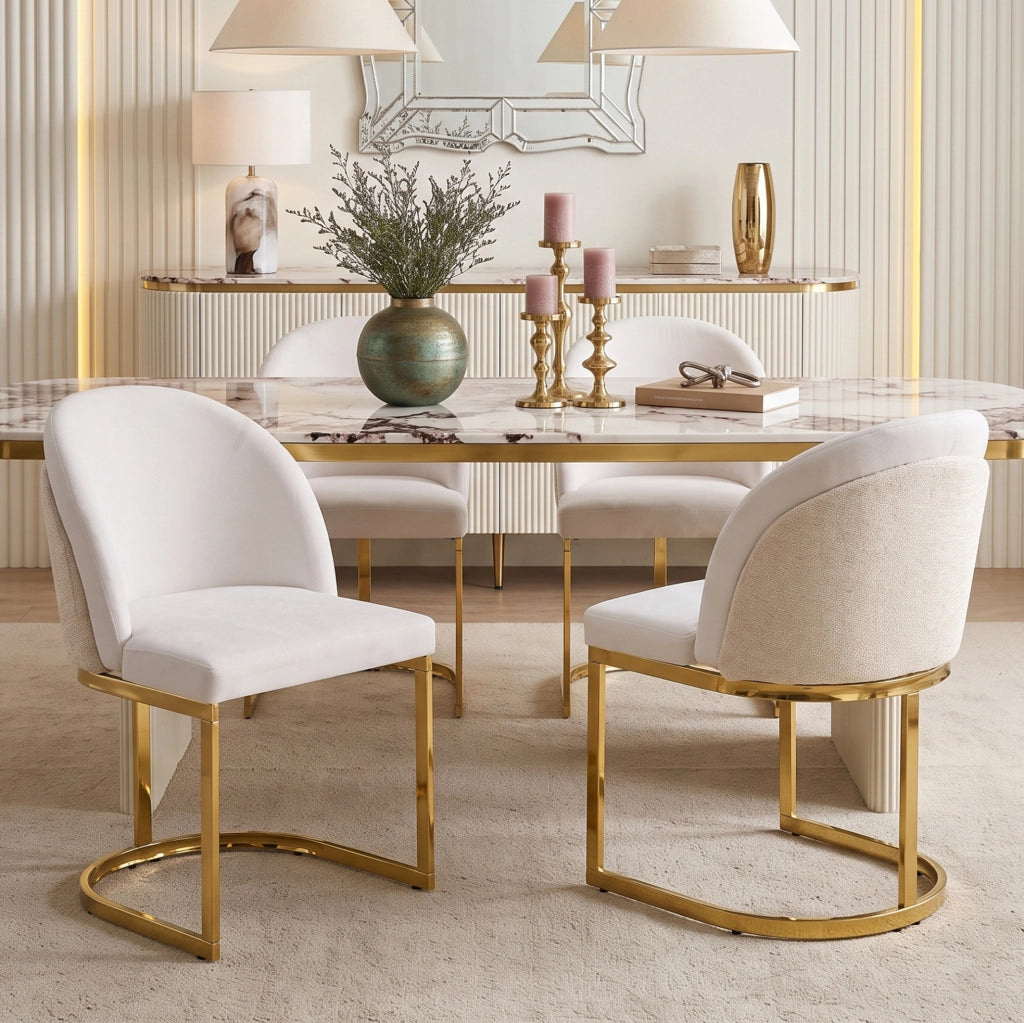 Set di 4 sedie in ciniglia beige e oro con gambe metalliche