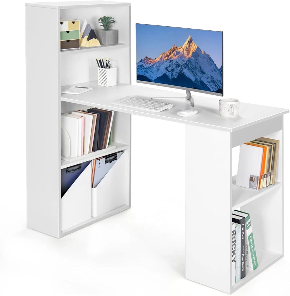 Scrivania per Computer con Libreria, Scrivania Moderna Porta PC con 6 Ripiani, Mobile Scrivania con Ripiani Regolabile Ampia Base per Casa, Ufficio, Naturale/Bianco (bianco)