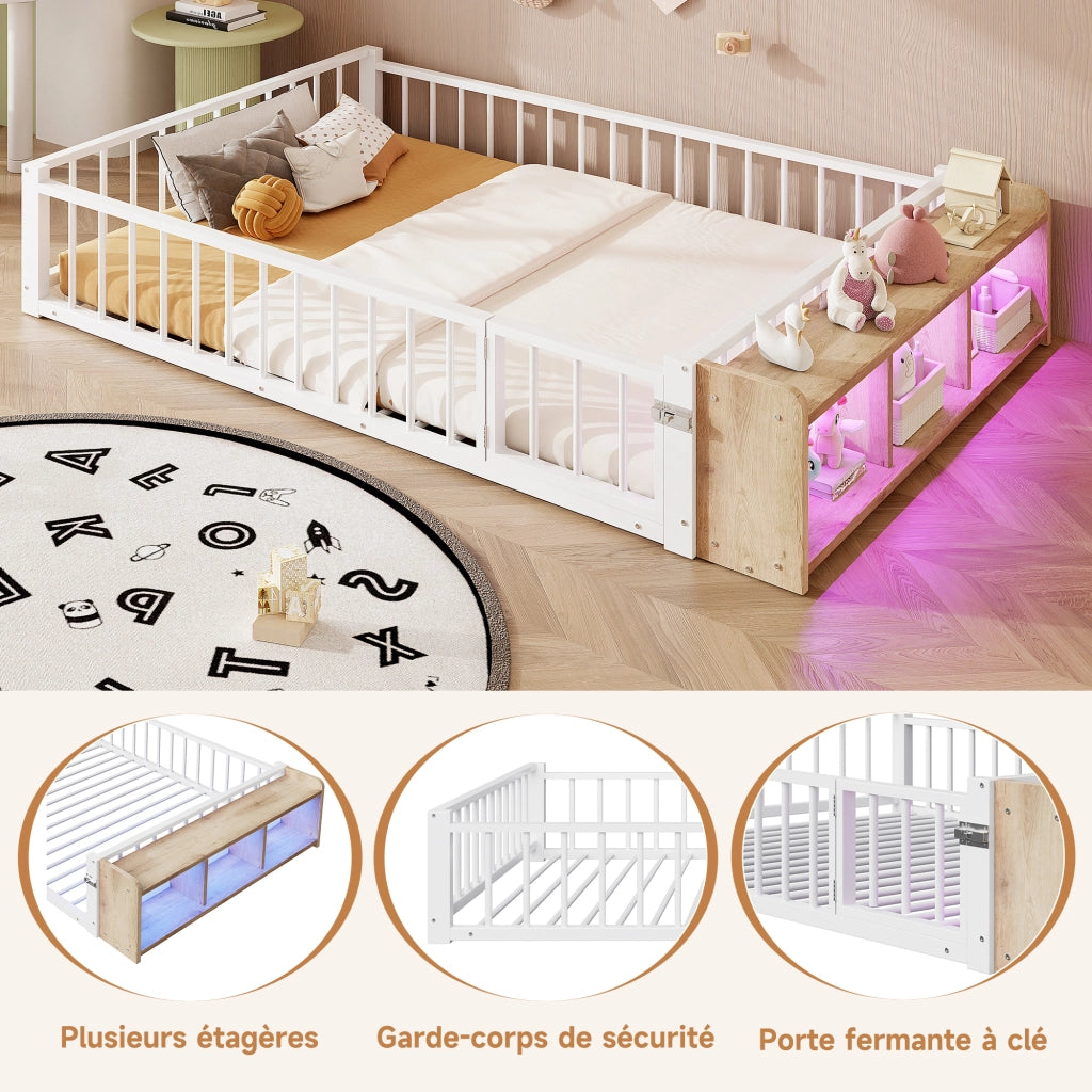 Letto in metallo con cassetti LED 140x200 MDF bianco e metallo