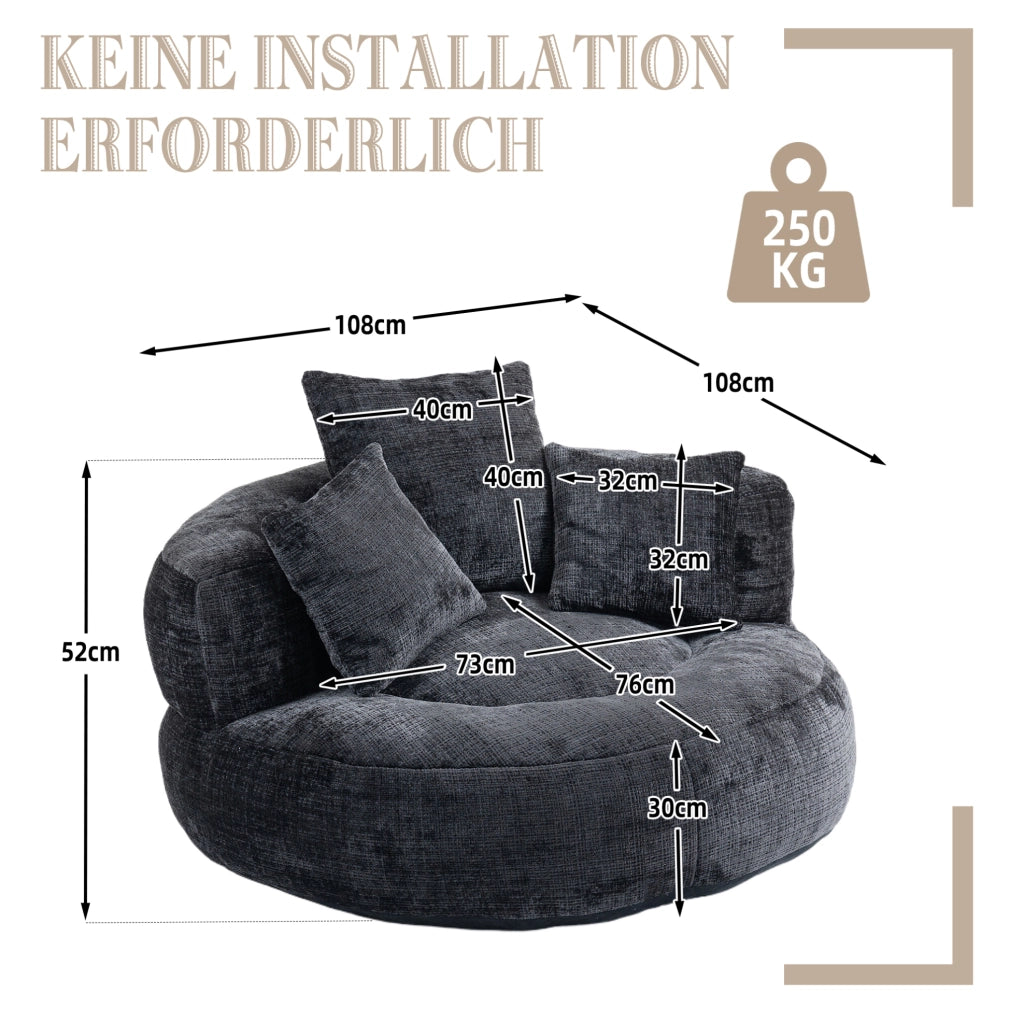 POLTRONA Relax 108x108x52 cm in Chenille Nera con Braccioli