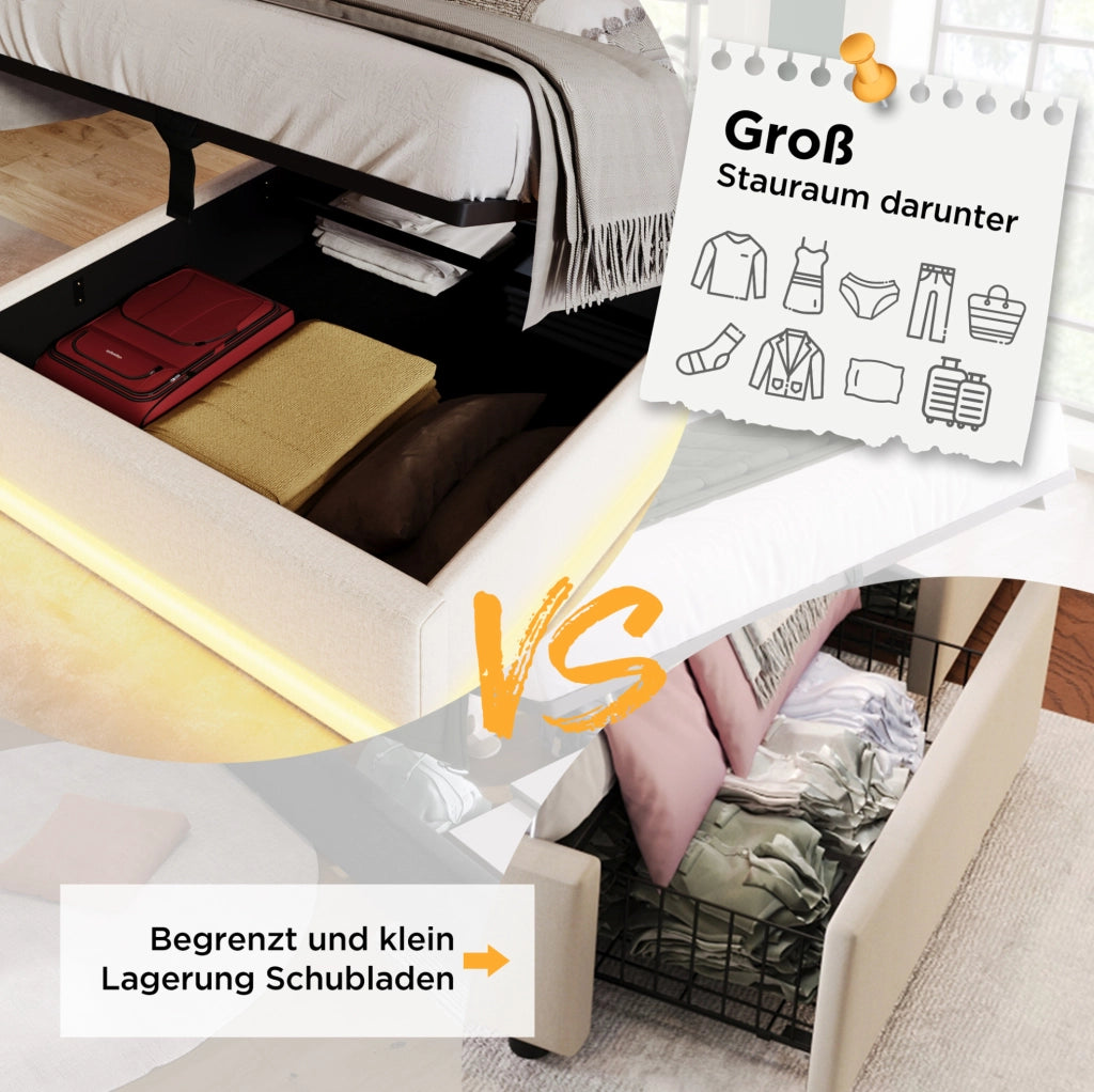 Letto contenitore 90 × 200 cm in PU bianco con LED; USB e Type-C