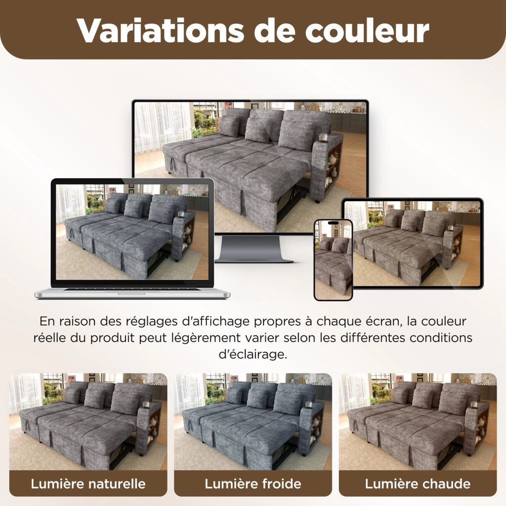 Divano letto 3 posti estraibile con récamiere contenitore portabicchieri tasche laterali in ciniglia grigio 201.3 × 126.1 × 86.1 cm