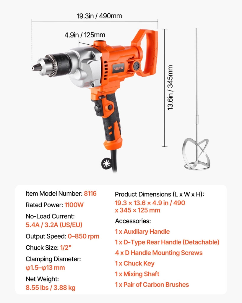Trapano Miscelatore Elettrico 1100W 850 giri/min Mandrino 12,7 mm Impugnatura a D per Miscelazione Cemento e Foratura Fai da Te