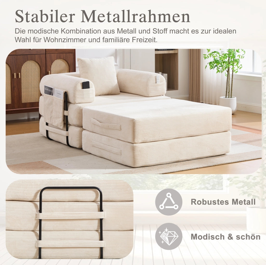 Divano modulare con pouf in velluto a coste; tasca laterale e cuscino; beige 112×190×67 cm