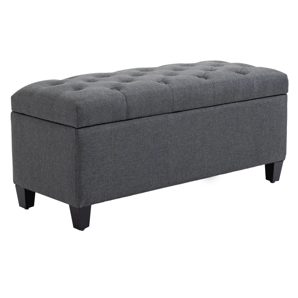 Panca contenitore imbottita con seduta apribile e bottoni, in poliestere e legno grigio scuro, 100 × 40 × 44 cm