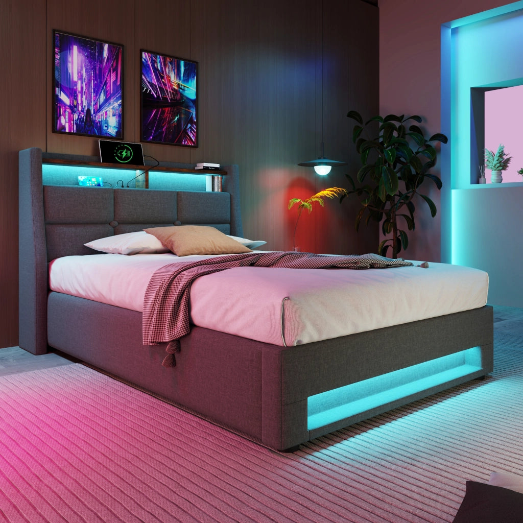 Letto singolo imbottito 90x200 cm con contenitore e luci LED