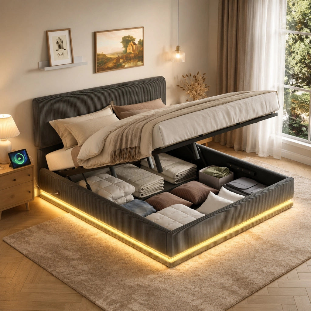 Letto imbottito 160x200 cm grigio scuro con LED, USB-C e contenitore