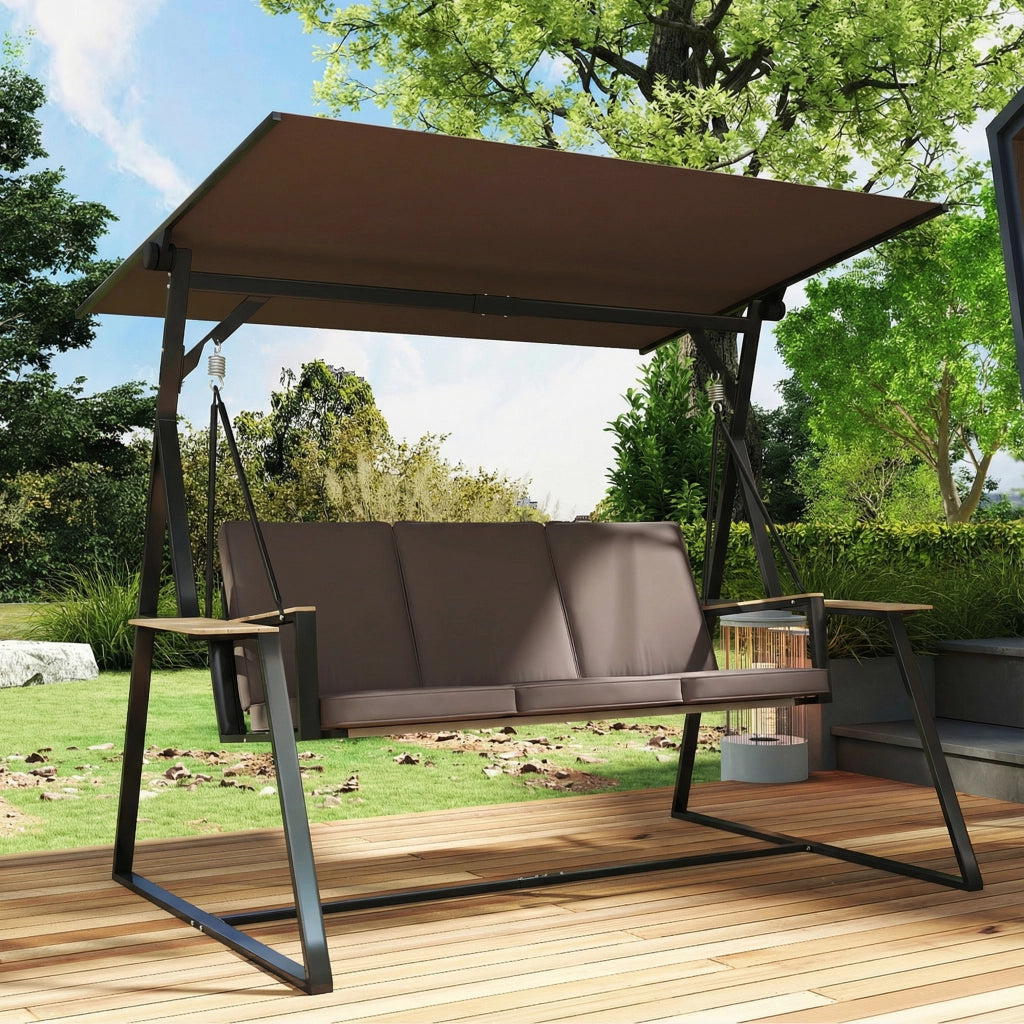Dondolo Giardino 3 Posti con Tetto Regolabile Cuscini e Bandeja ¨C Minimal ¨C Marrone