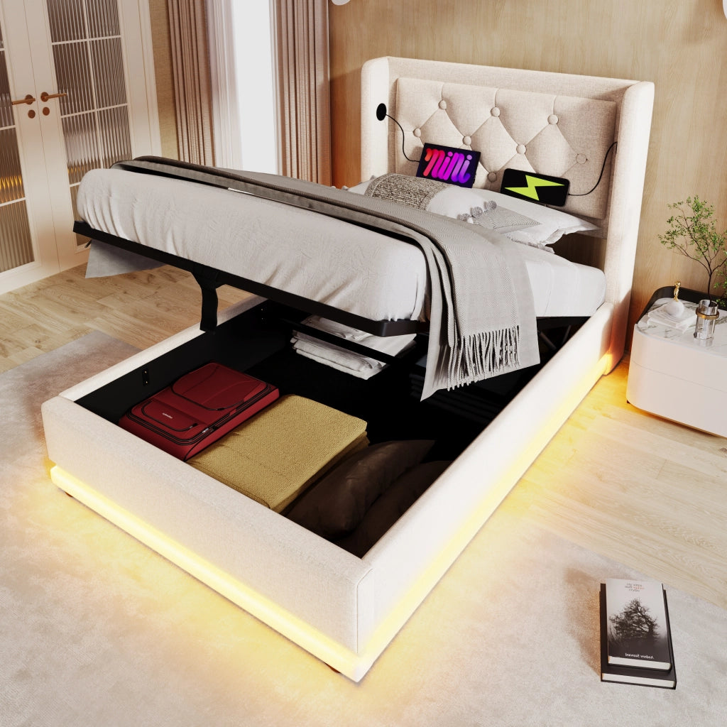 Letto contenitore 90 × 200 cm beige in cotone con LED; USB e Type-C