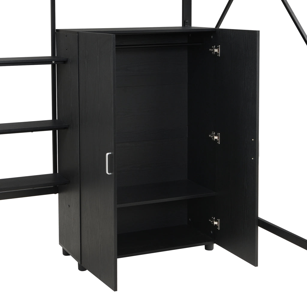 Letto a soppalco 140x200 cm in metallo nero con scrivania; armadio e ripiani