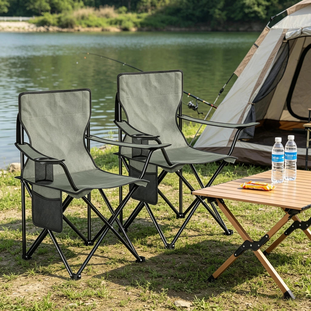 Set di sedie pieghevoli da campeggio a 2 posti in metallo, tessuto oxford e mesh, grigio scuro, con portabevande 47 × 76 × 80,5 cm