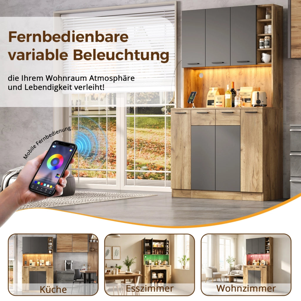 Credenza alta da cucina con LED RGB, prese e ripiani estraibili