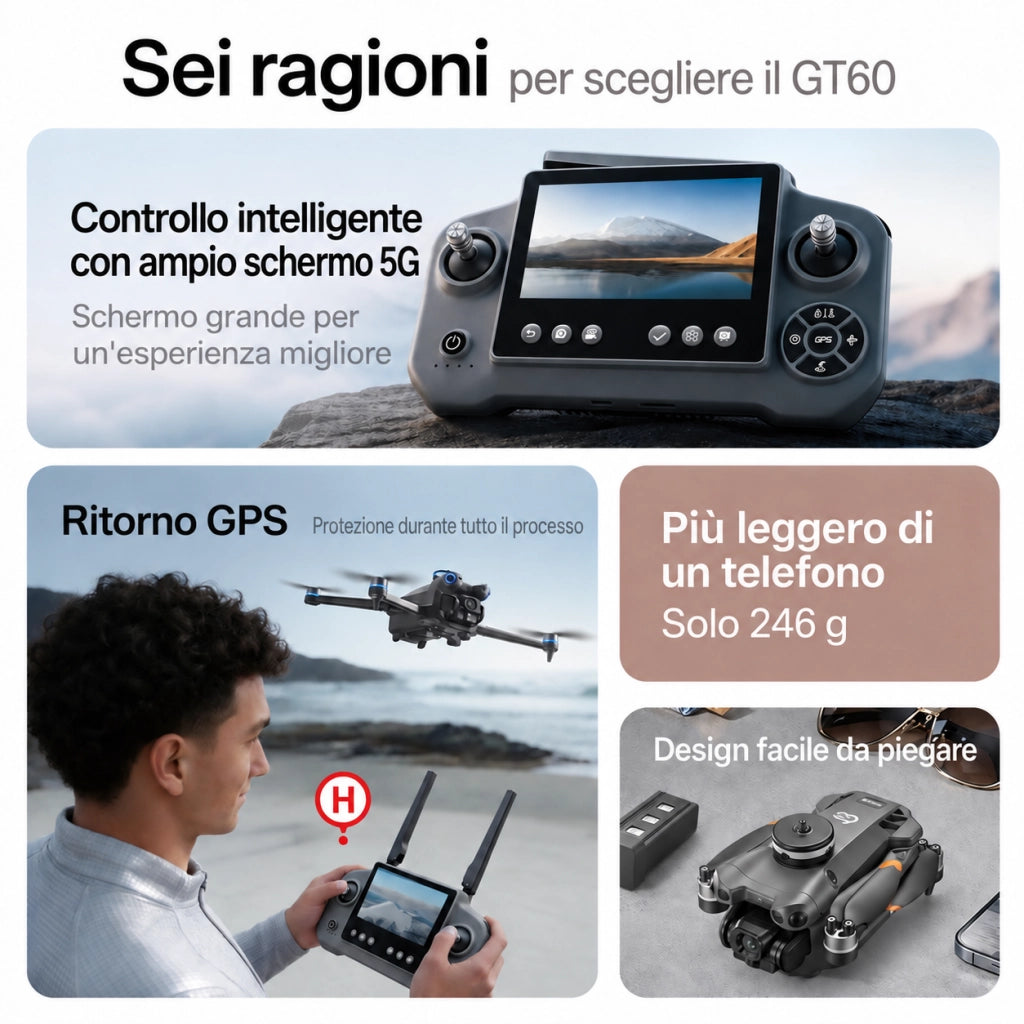 Drone pieghevole con telecamera GT60 720P GPS 1 batteria 3.7V 2650mAh 20 min schermo 4.3 evitatore ostacoli 245g gimbal 90 gradi 5G 12+ EIS borsa 6 CH