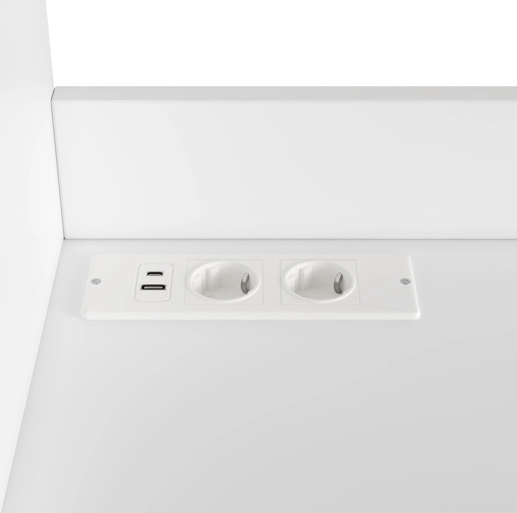 Credenza alta bianca con prese integrate e porte USB
