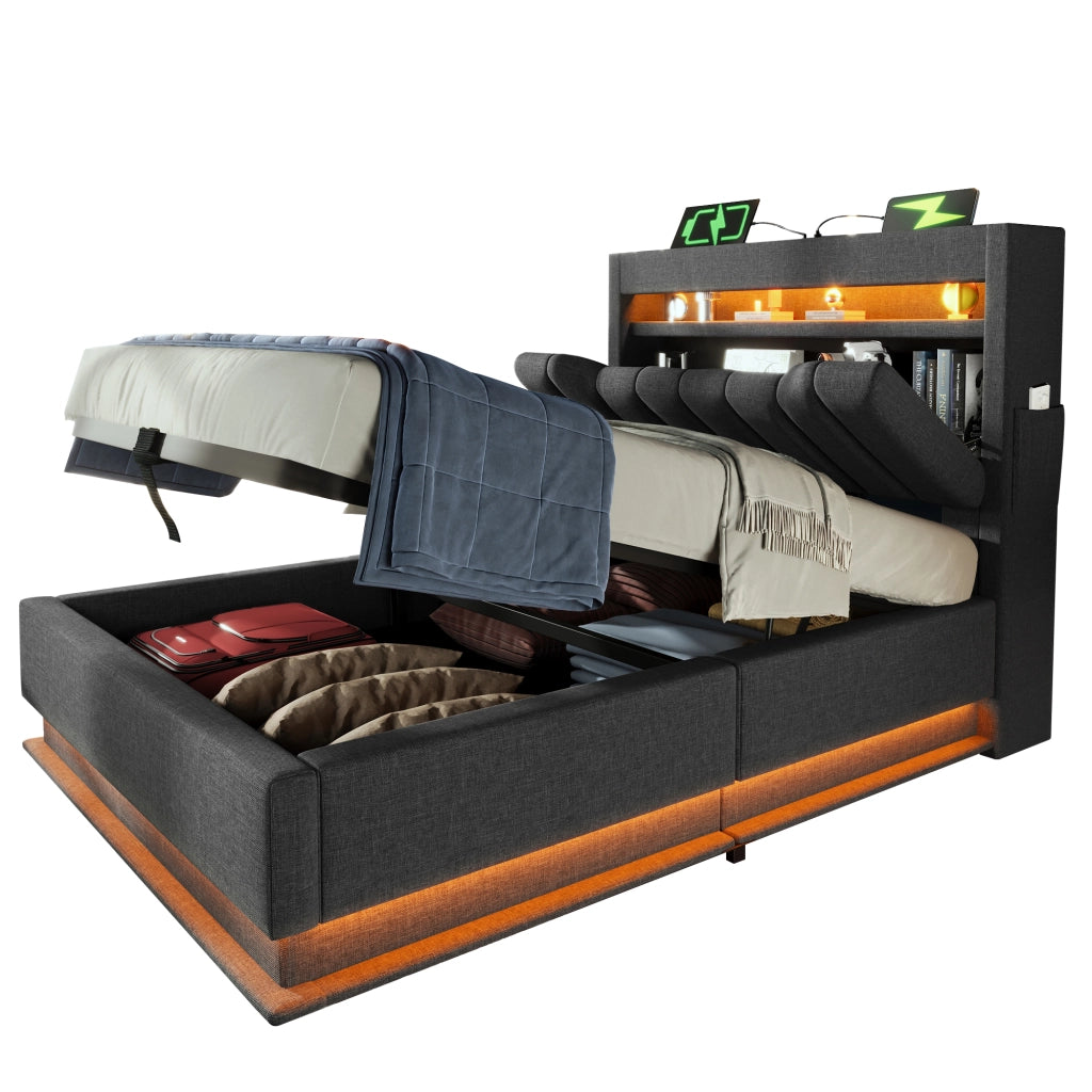 Letto singolo 90x200 cm grigio con contenitore e luci LED