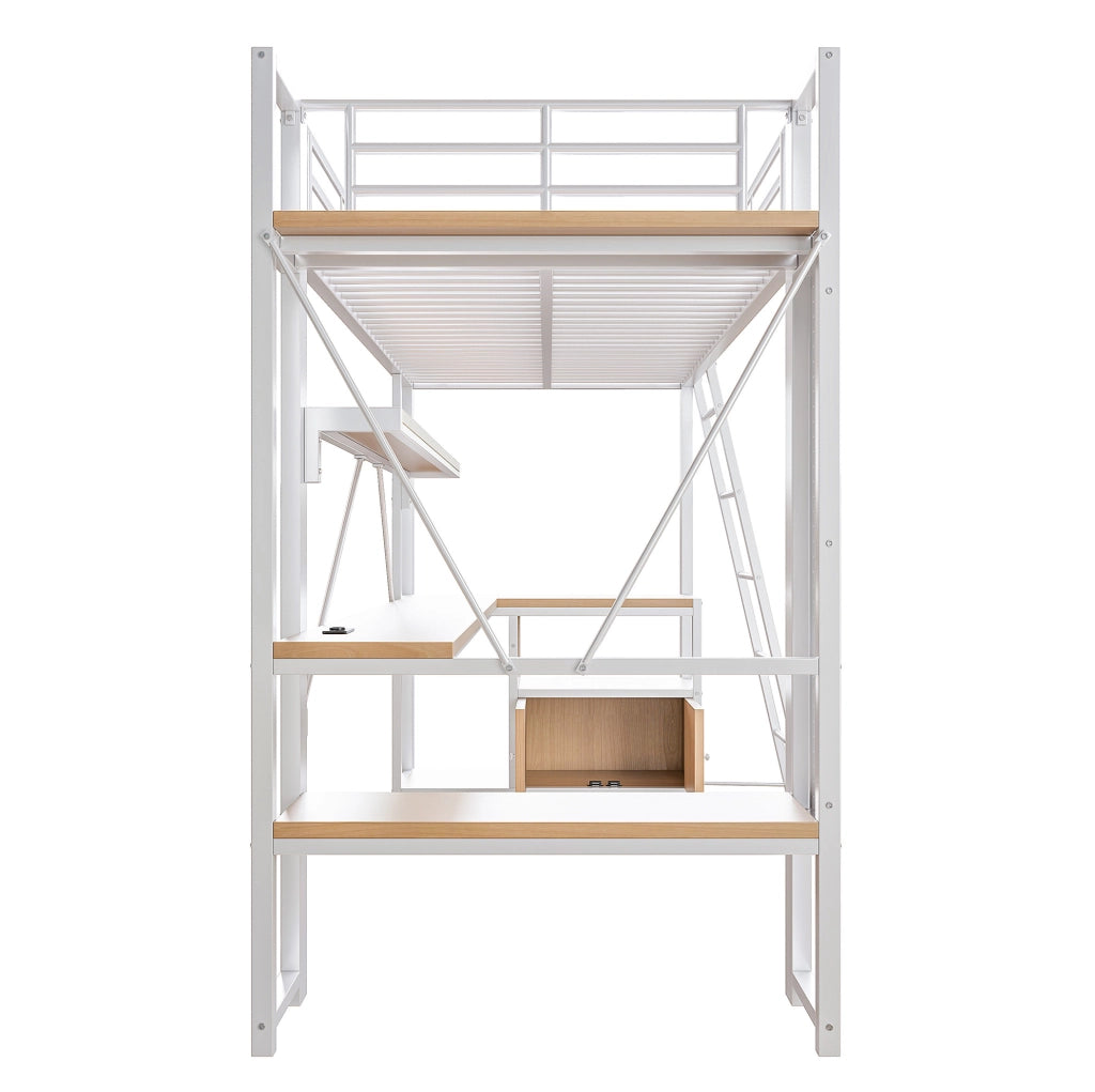 Letto a soppalco 90x200 cm con scrivania, LED e USB bianco HAVRYA