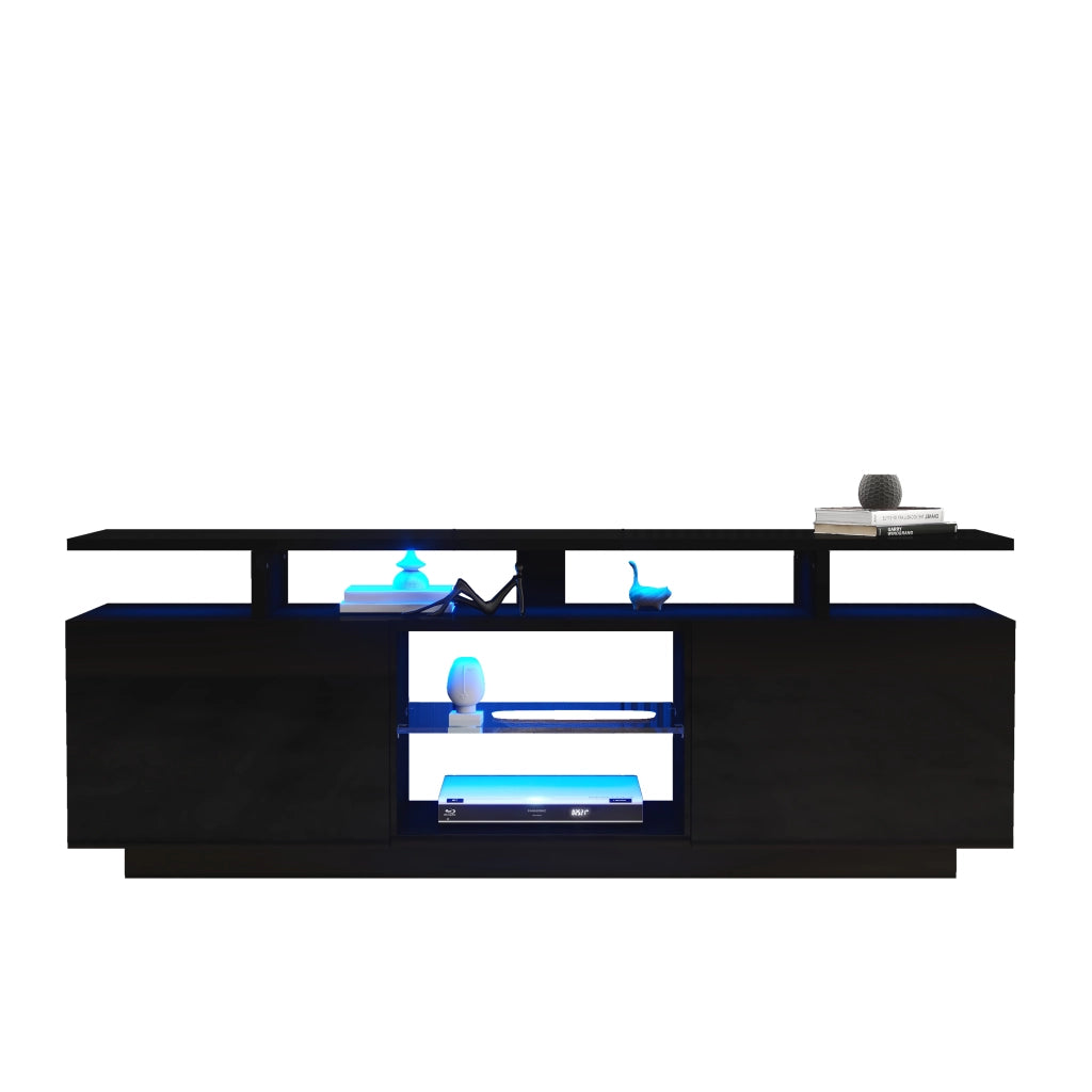 Mobile TV con 2 Ante e 5 Vani Aperti; LED controllato da App; per Soggiorno; in Pannelli di Particelle; 140 × 35 × 55 cm; Nero
