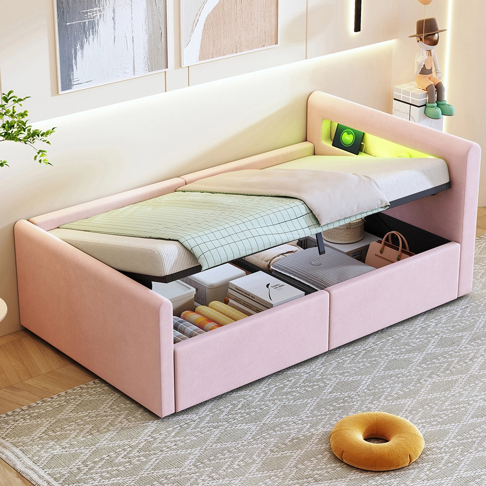 Letto bambino-Xylo-90x200 cm-LED, USB, idraulico, velluto rosa